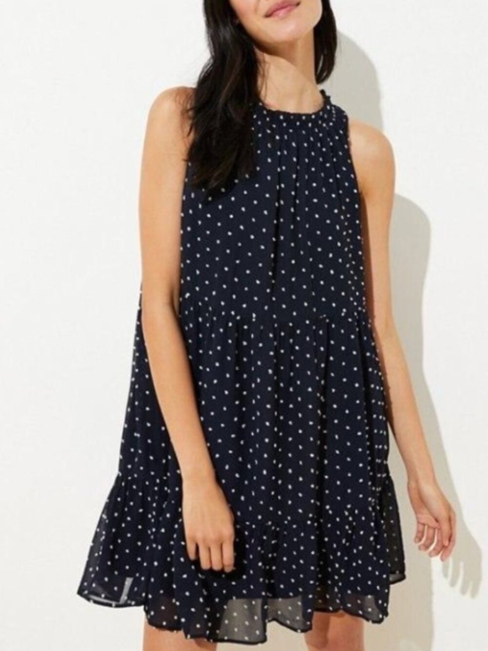 LOFT Navy Polka Dot Swing Dress | Petite XS | Tiered, Lined